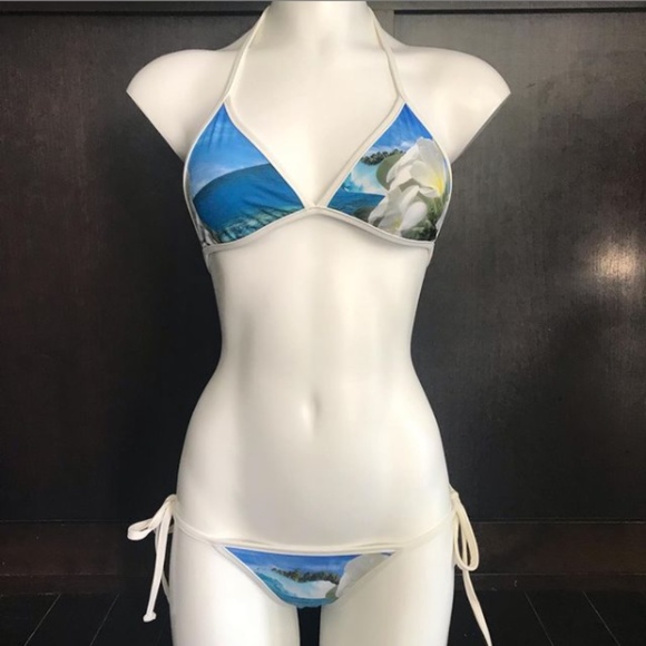 Aaron Chang blue reversible plumeria bikini triangle top tie side - Picture 2 of 12